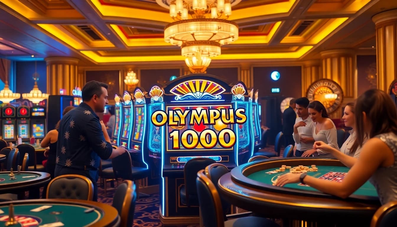 Experience the excitement of Olympus 1000 with vibrant casino visuals, showcasing slot machines and engaged players.