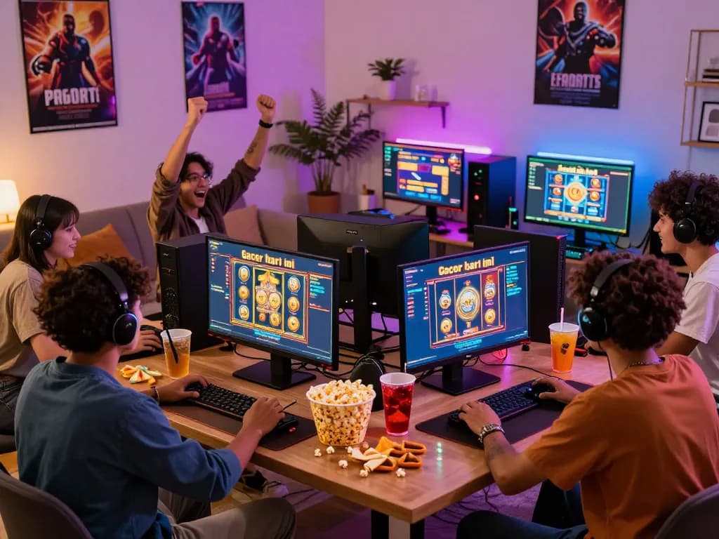 Exciting friends celebrating their wins playing slot gacor hari ini games together in a cozy living room.