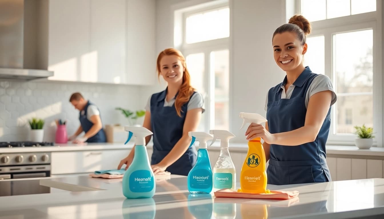 Cleaning Service professionals diligently working in a bright, modern kitchen.