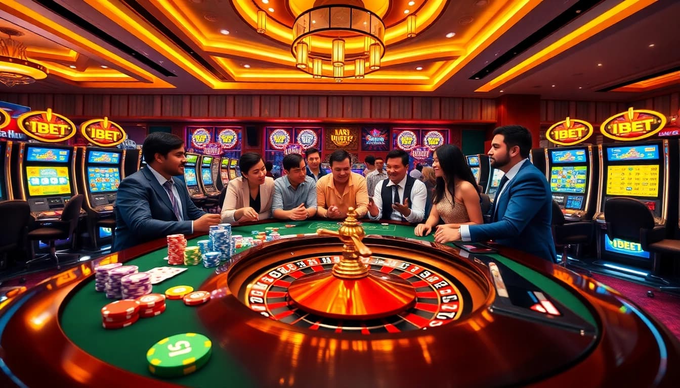 i9bet players enjoying a vibrant casino atmosphere with poker chips and cards