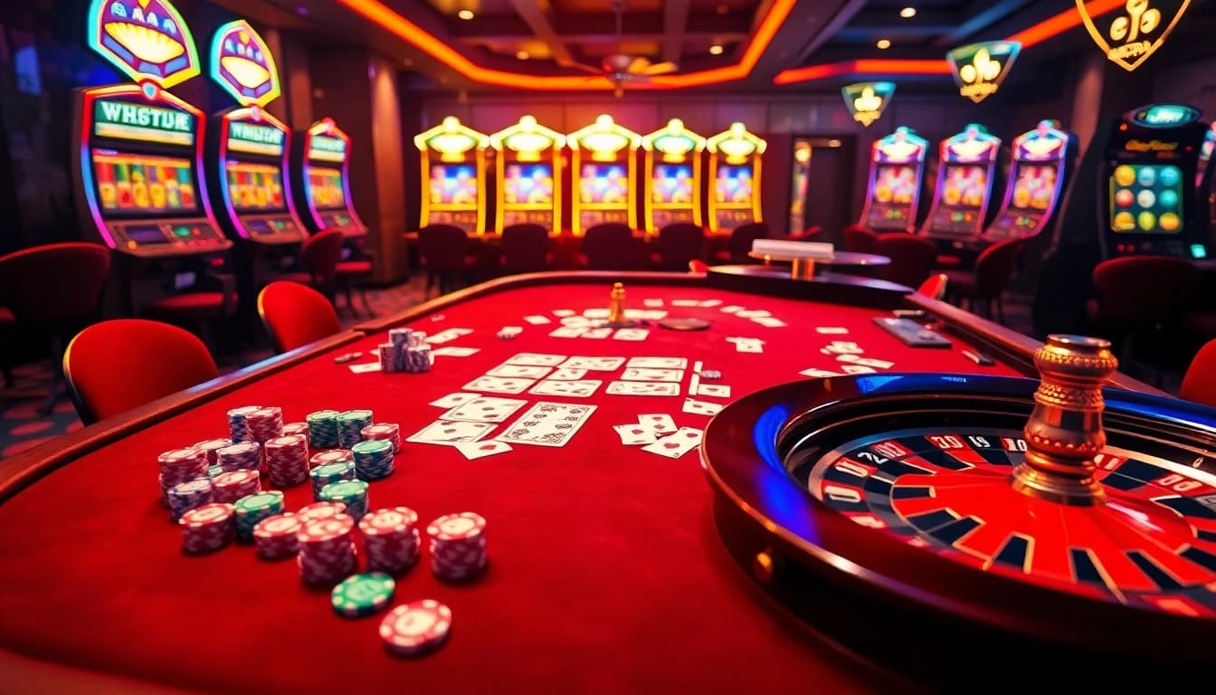 Adegan kasino yang menarik menampilkan Datukwin dengan kartu berwarna-warni, chip, dan roda roulette.