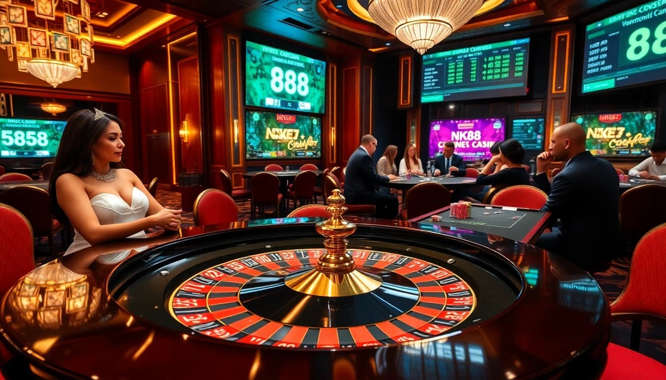 Experience the excitement of NK88 as players engage in high-stakes roulette and poker games in a luxurious casino setting.