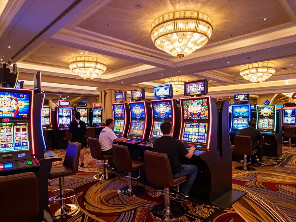 I9BET players celebrating a big win at a vibrant casino with slot machines and luxury decor