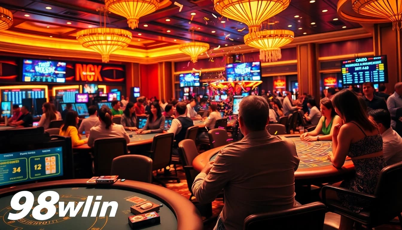 98win casino scene highlighting players enjoying poker and blackjack in a vibrant, exciting atmosphere.
