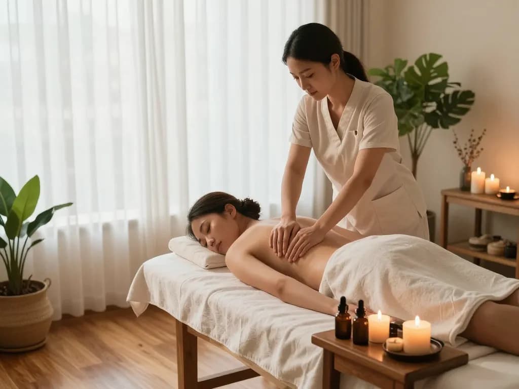 Relaxing 서초스웨디시 massage scene with serene spa environment and professional therapist.