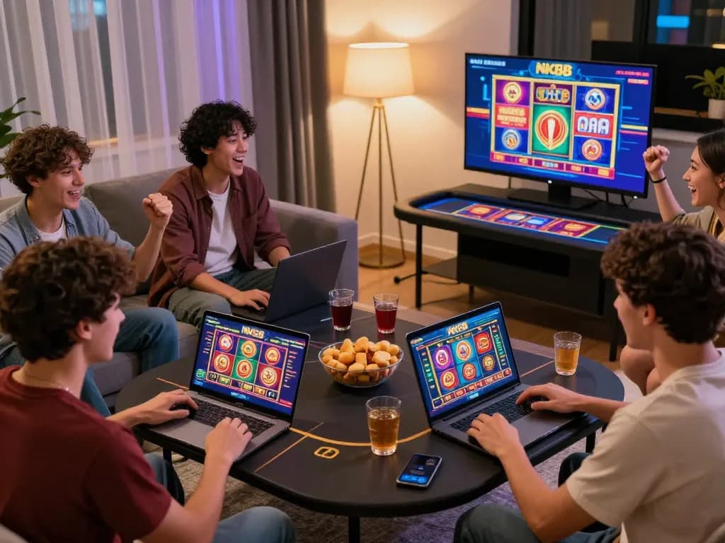 Friends enjoying NK88 gaming experience on laptops and smartphones in a vibrant living room.