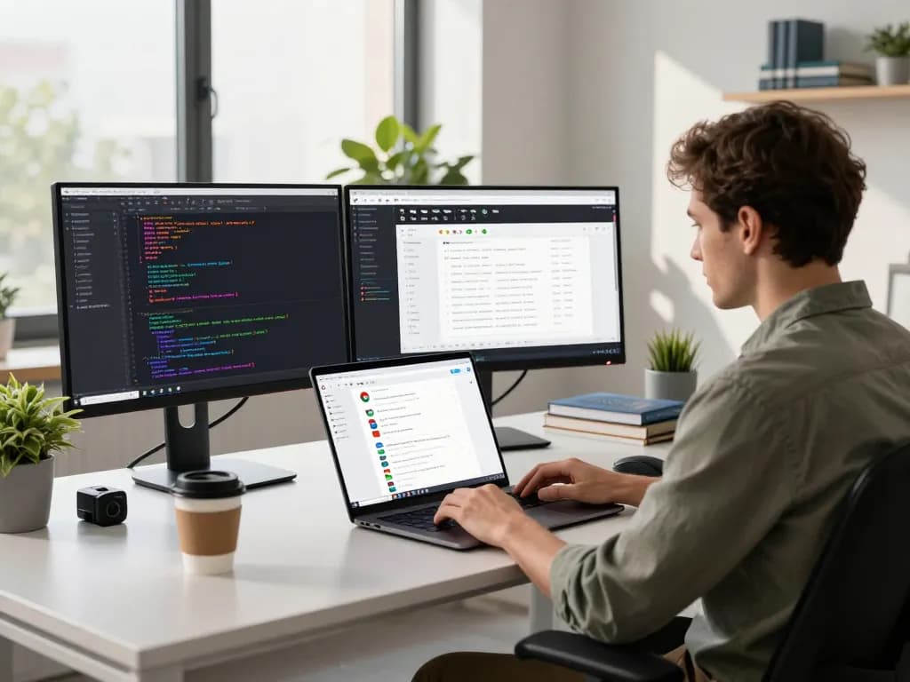 Experience the speed and efficiency of 谷歌浏览器 in a modern workspace setting with a developer using dual monitors.