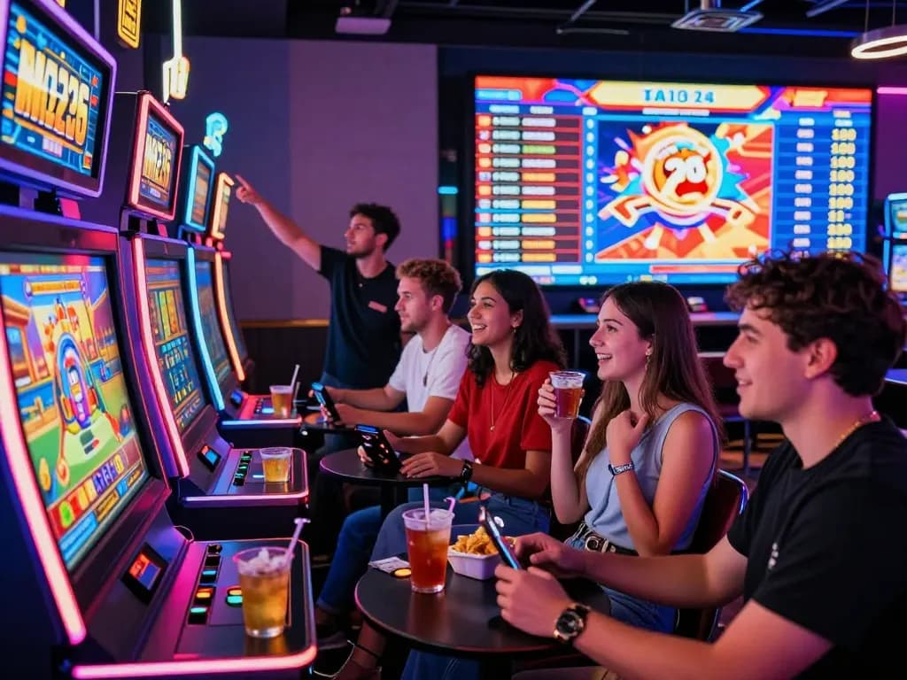 Engaging gaming experience at vegasslot77.com with friends in a vibrant casino setting.