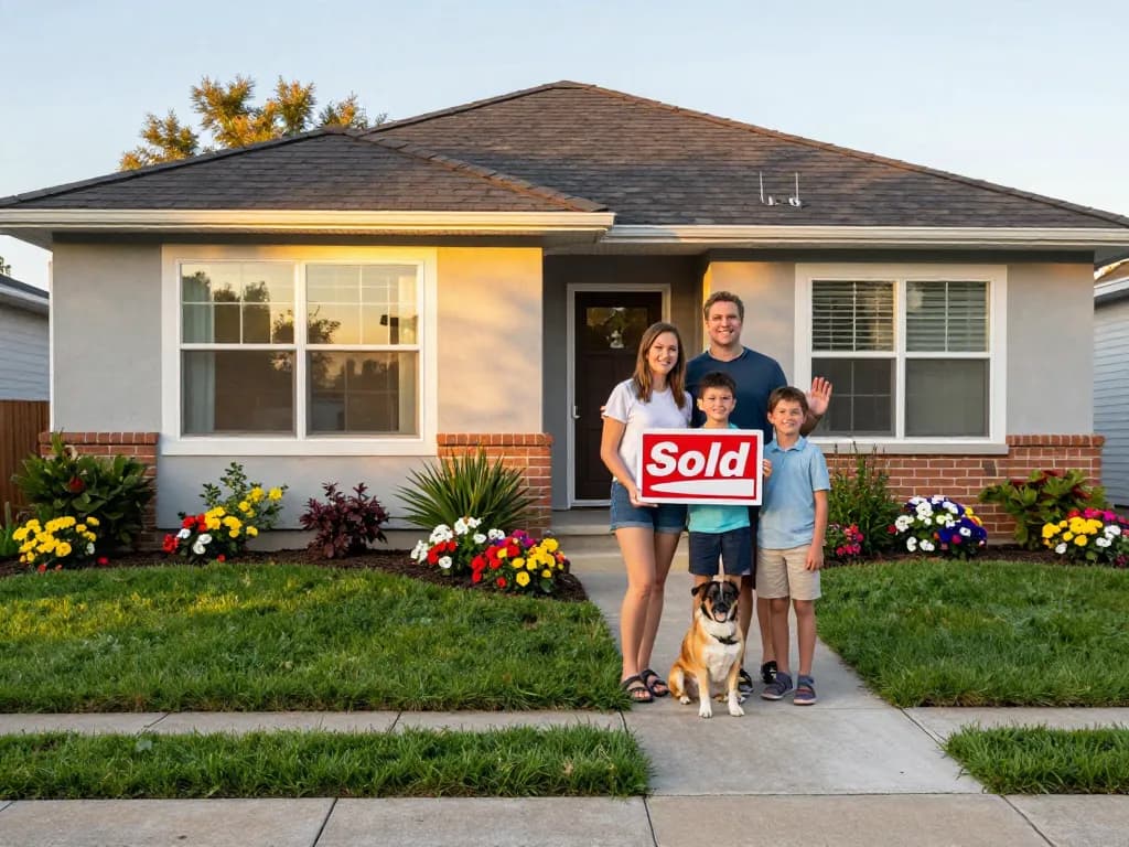 we buy houses for cash family celebrating successful home sale in suburban neighborhood