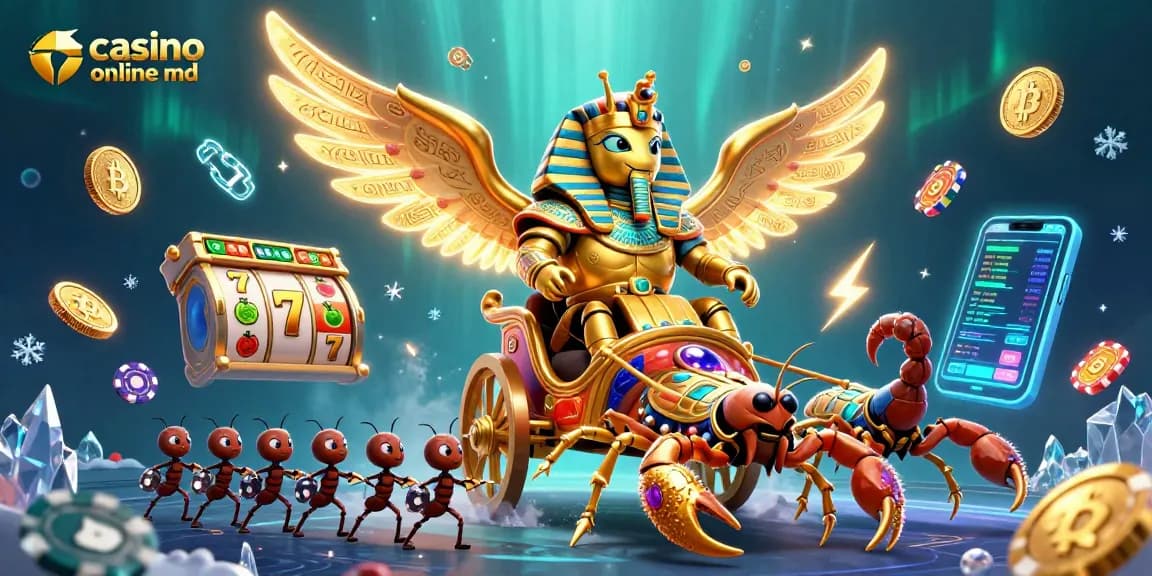 Îmbunătățește-ți șansele la casino online md, cu un scarab auriu jucând păcănele.