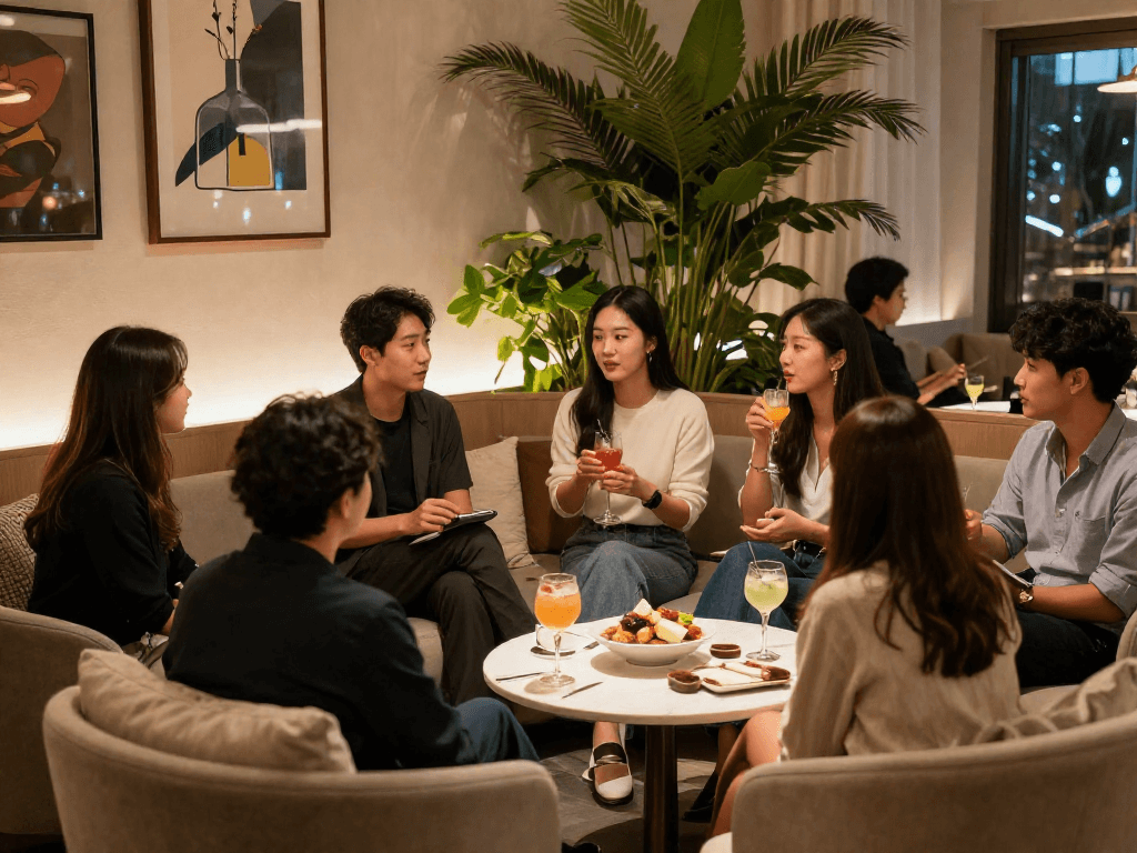 강남쩜오에서 친구들과 즐거운 시간을 보내는 모습으로 따뜻하고 세련된 분위기를 강조한 사교적인 장면