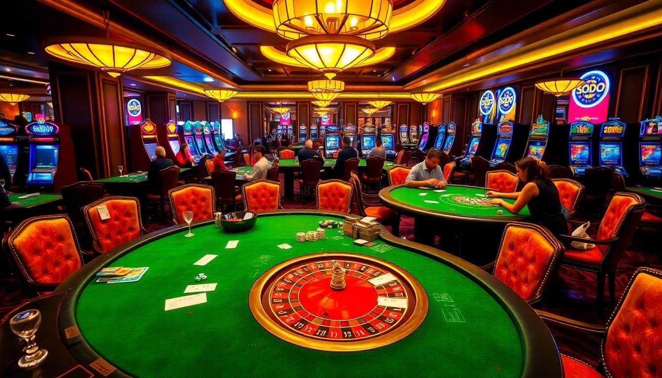 SODO casino scene with exciting poker action and vibrant slot machines in a luxurious setting.