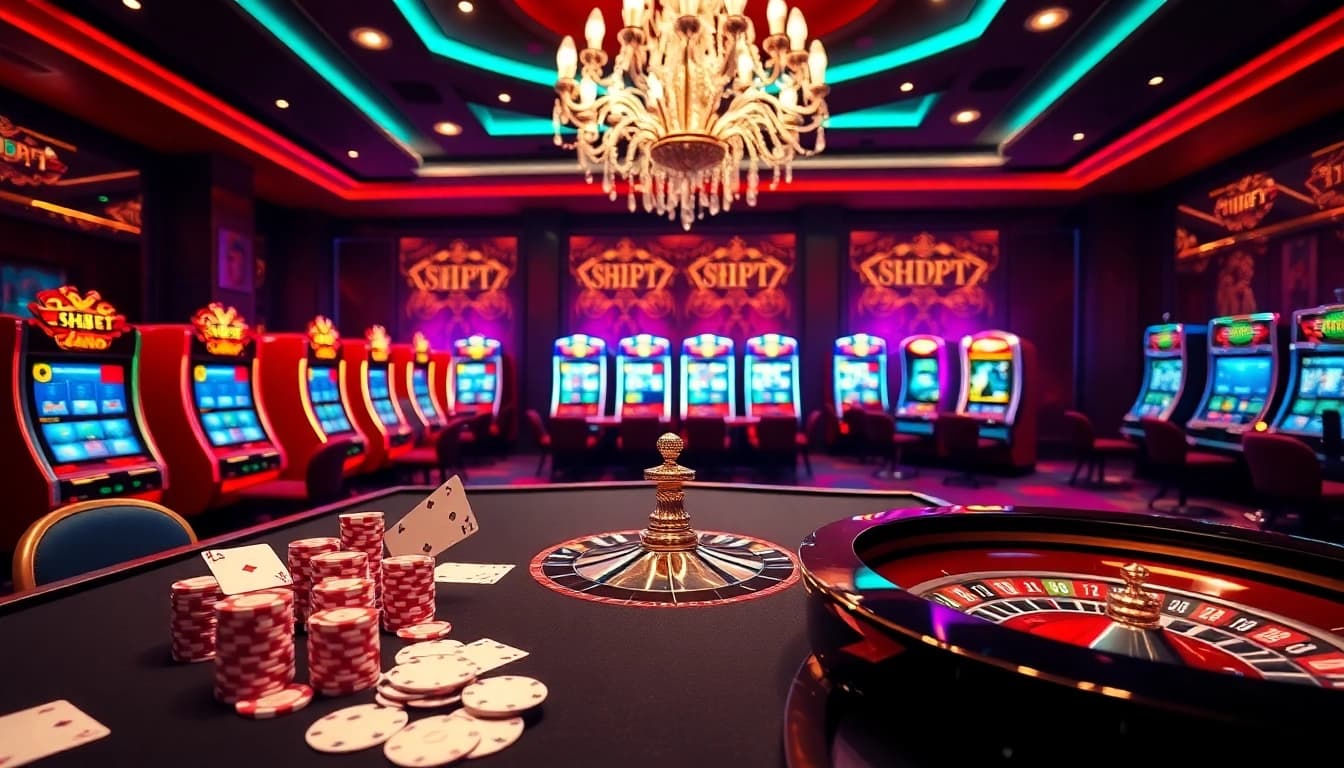 Experience the excitement of SHBET with vibrant casino visuals and engaging gambling elements.