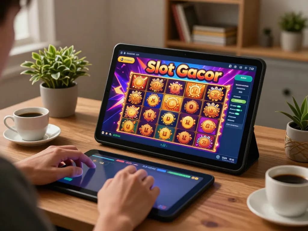 Player engaging with slot gacor game interface on home setup, showcasing vibrant online gaming.