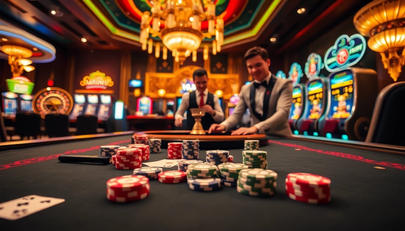 Experience the thrill of l444 online gambling with a vibrant casino scene featuring poker chips, cards, and a roulette wheel.