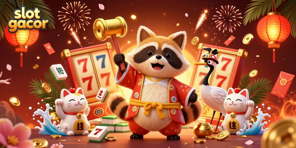 Win big with slot gacor in this vibrant 3D casino scene featuring a cheerful tanuki and lucky symbols.