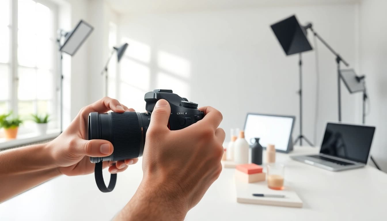 Fotografo ecommerce che ritrae prodotti in uno studio luminoso e professionale.