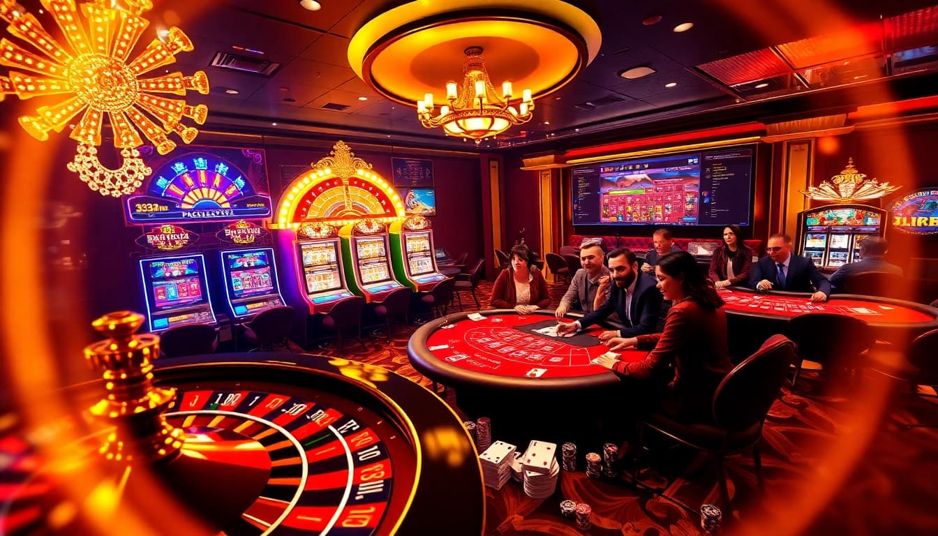 Experience thrilling gaming at https://33win.free/ with vibrant casino tables filled with excited players and colorful slots.