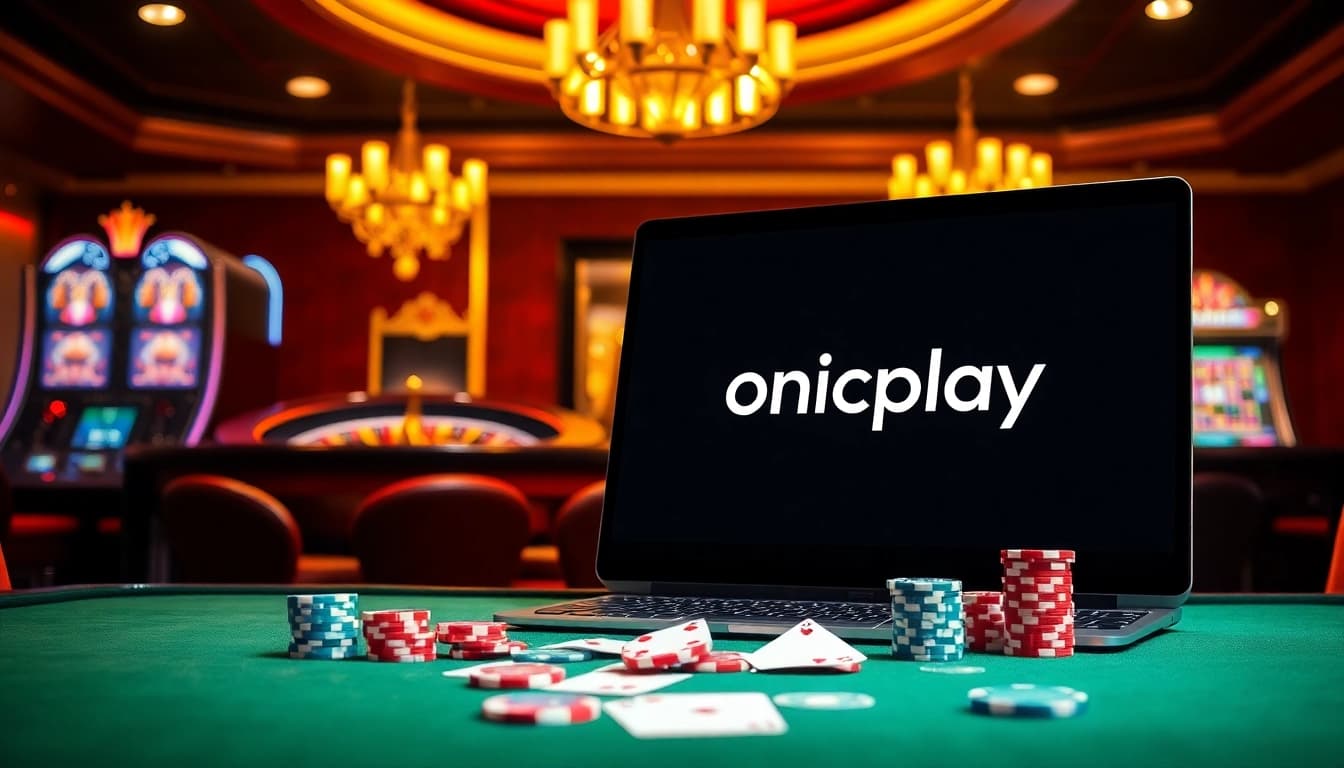 Experience the thrill of onicplay with vibrant casino visuals, poker chips, and slot machines.