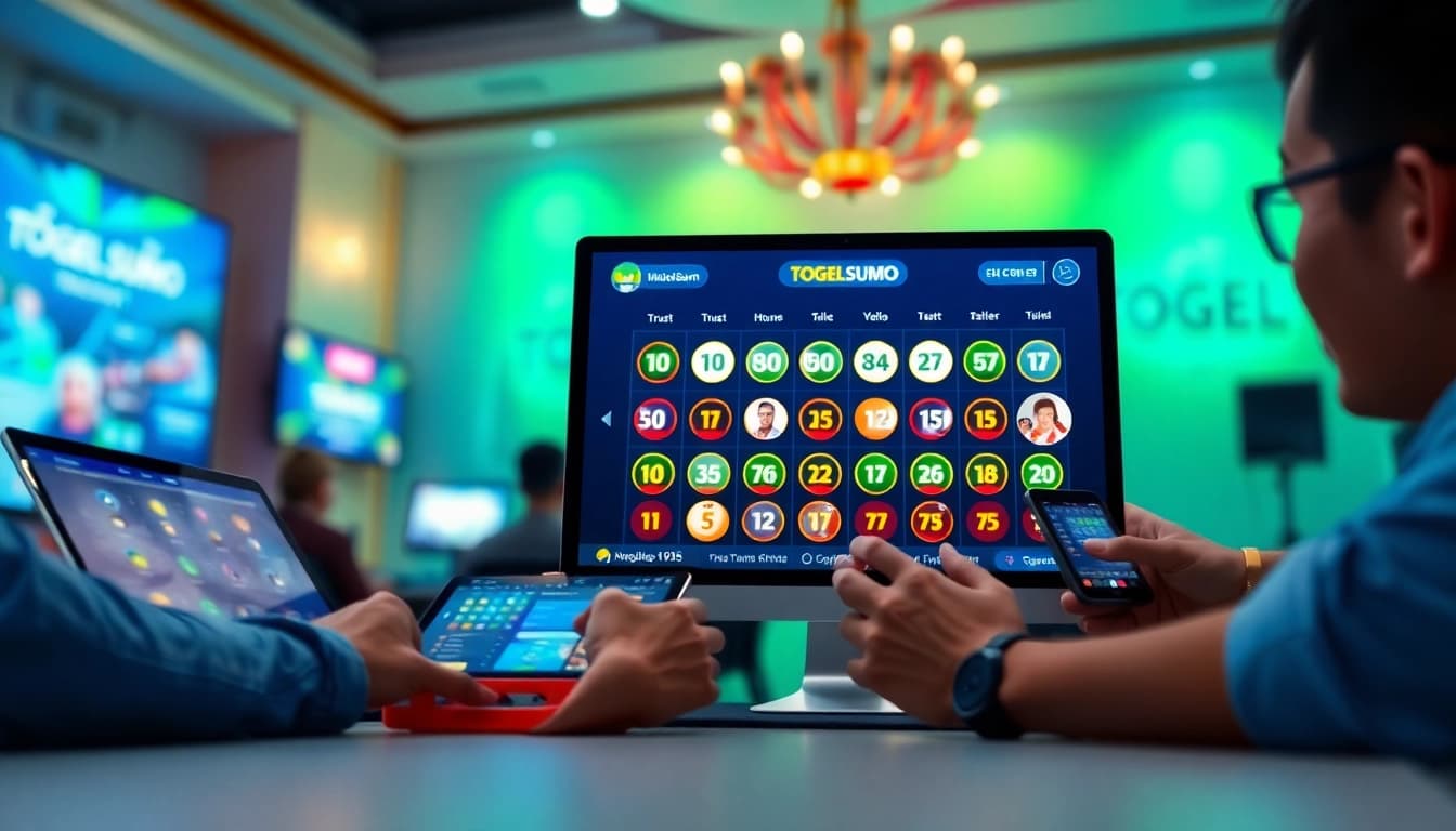 Antarmuka permainan online TogelSumo dengan angka lotere yang berwarna-warni dan elemen keterlibatan pengguna.