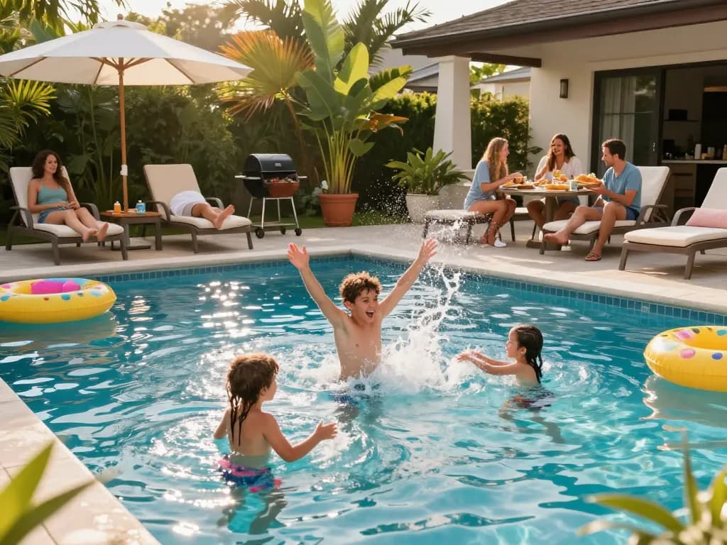 Dolphin Pool Services ensuring families enjoy vibrant pool experiences with happy splashes and relaxation.