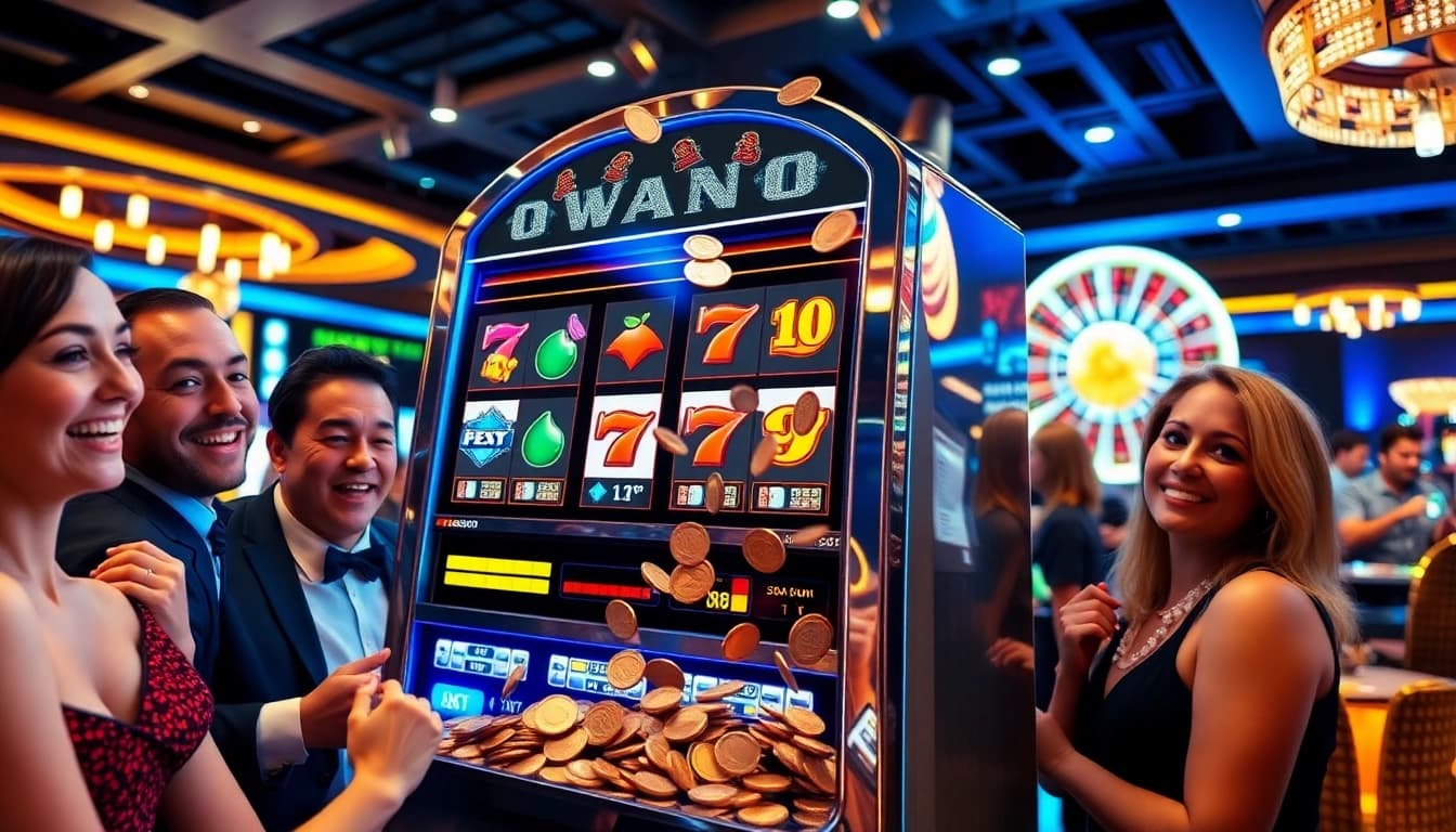 Players celebrating a jackpot win at a vibrant slot machine in a luxury casino.