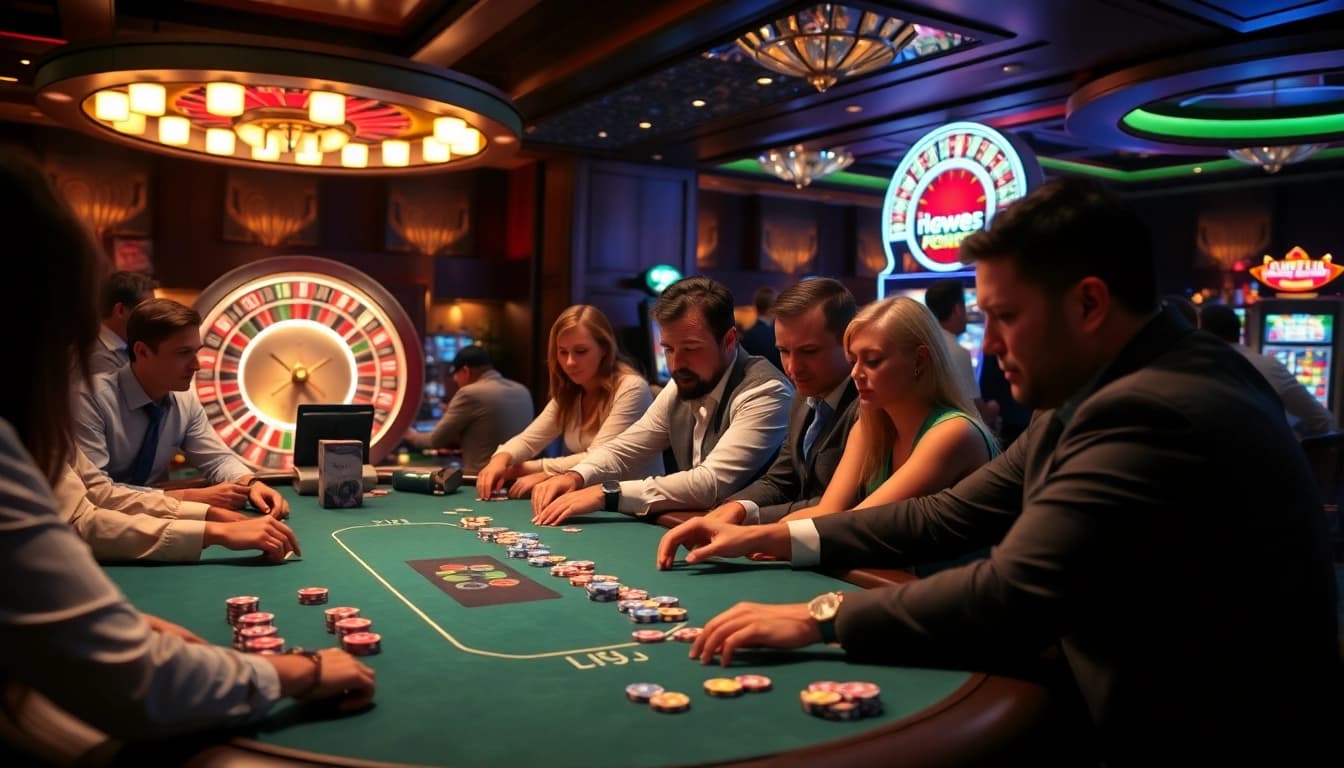 Penjudi Kit4D berinteraksi di sekitar meja poker mewah dalam suasana kasino yang dinamis.