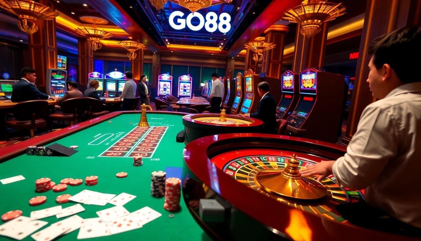 Players engaged in action at GO88 casino tables, showcasing excitement in gambling.