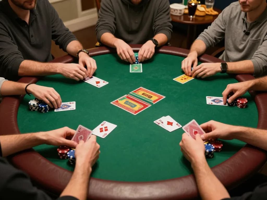 Engaged players strategizing at a home poker night while winning with JPTOTO's effective gambling methods.