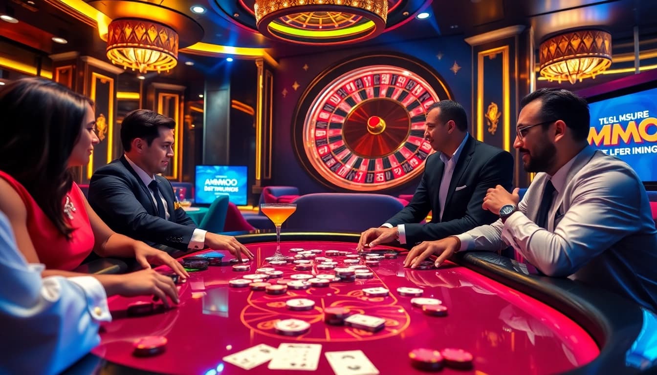 Players engaging in a high-stakes poker game featuring MMOO chips under vibrant casino lights.