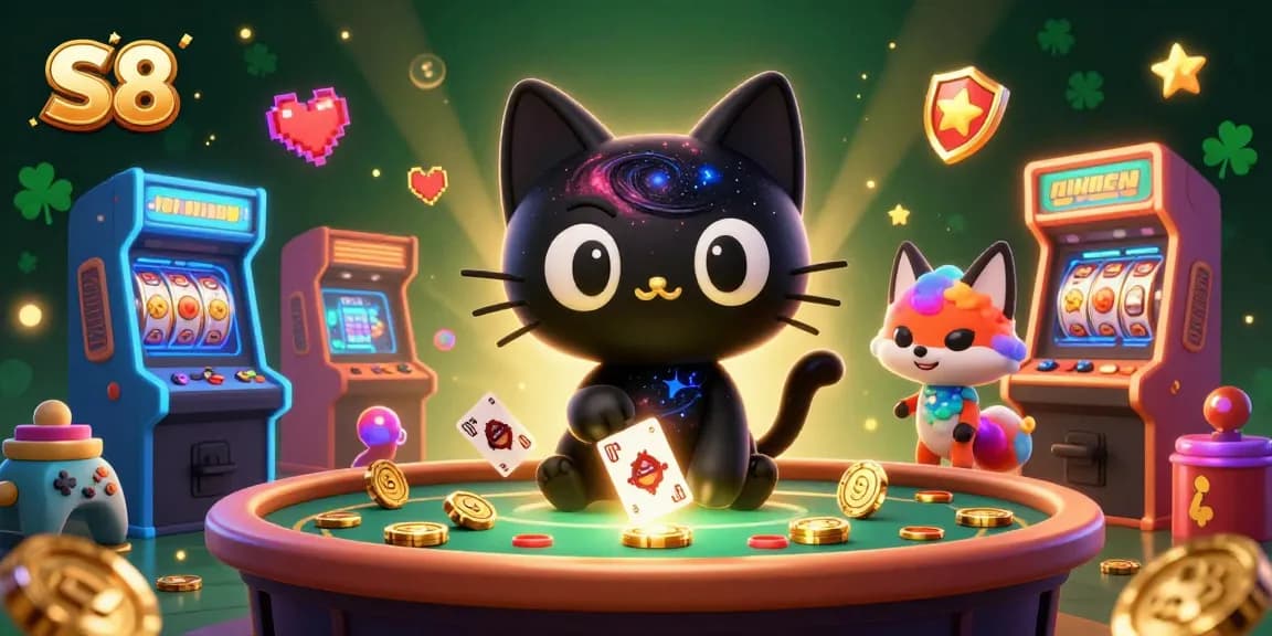 Engage in thrilling slot games at S8's cosmic casino featuring vibrant elements and characters.