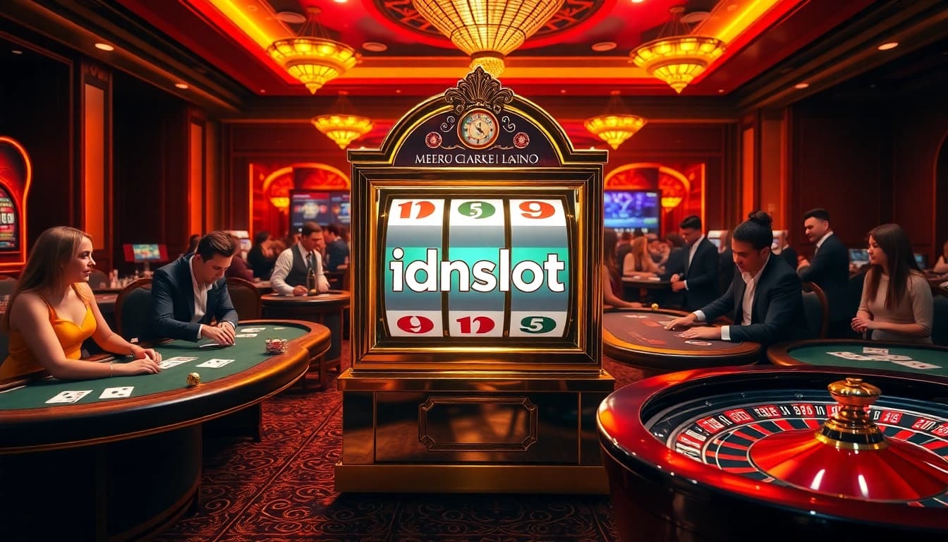 Players enjoying the vibrant idnslot casino experience with engaging slot machines and lively atmosphere.
