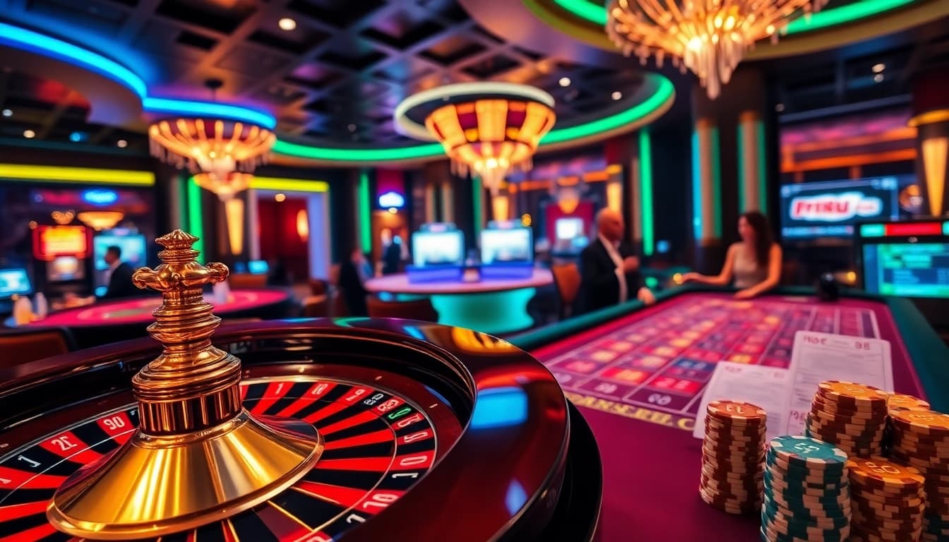 Experience the thrill of 'luck 8' at a vibrant casino with poker chips and roulette excitement.