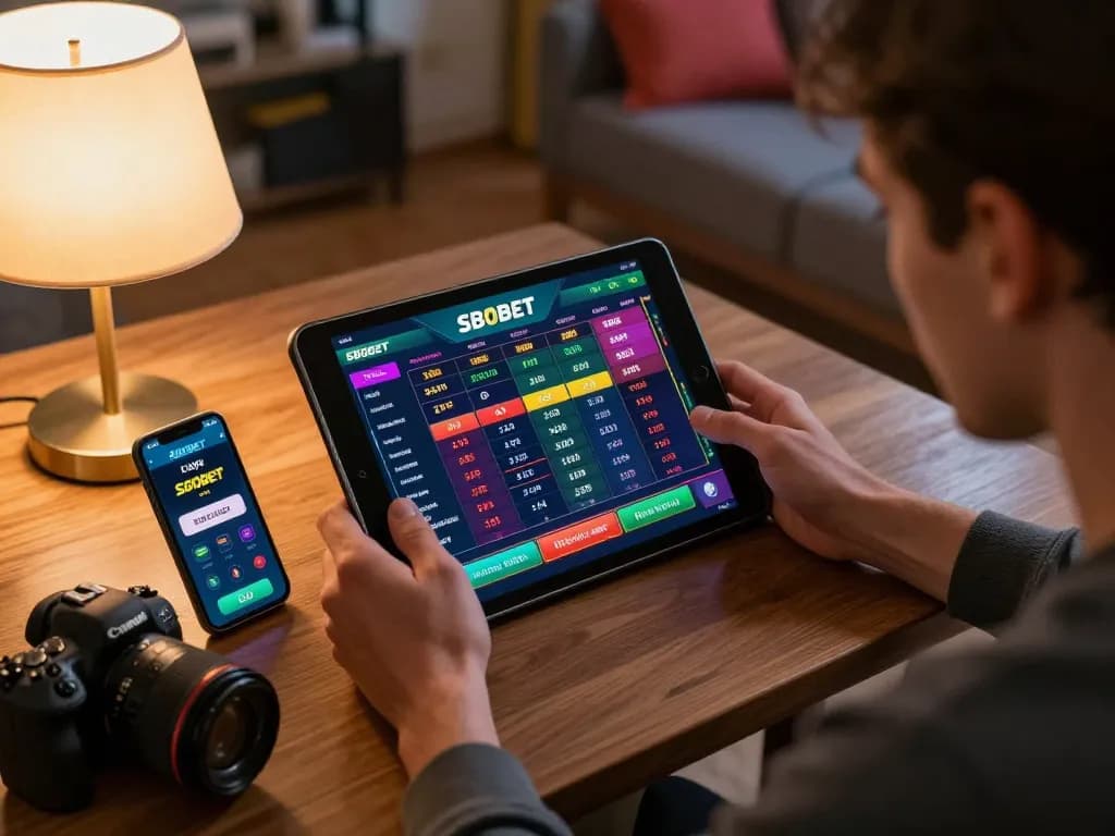 SBOBET live betting interface displayed on a tablet during an online gaming session, cozy home setting.