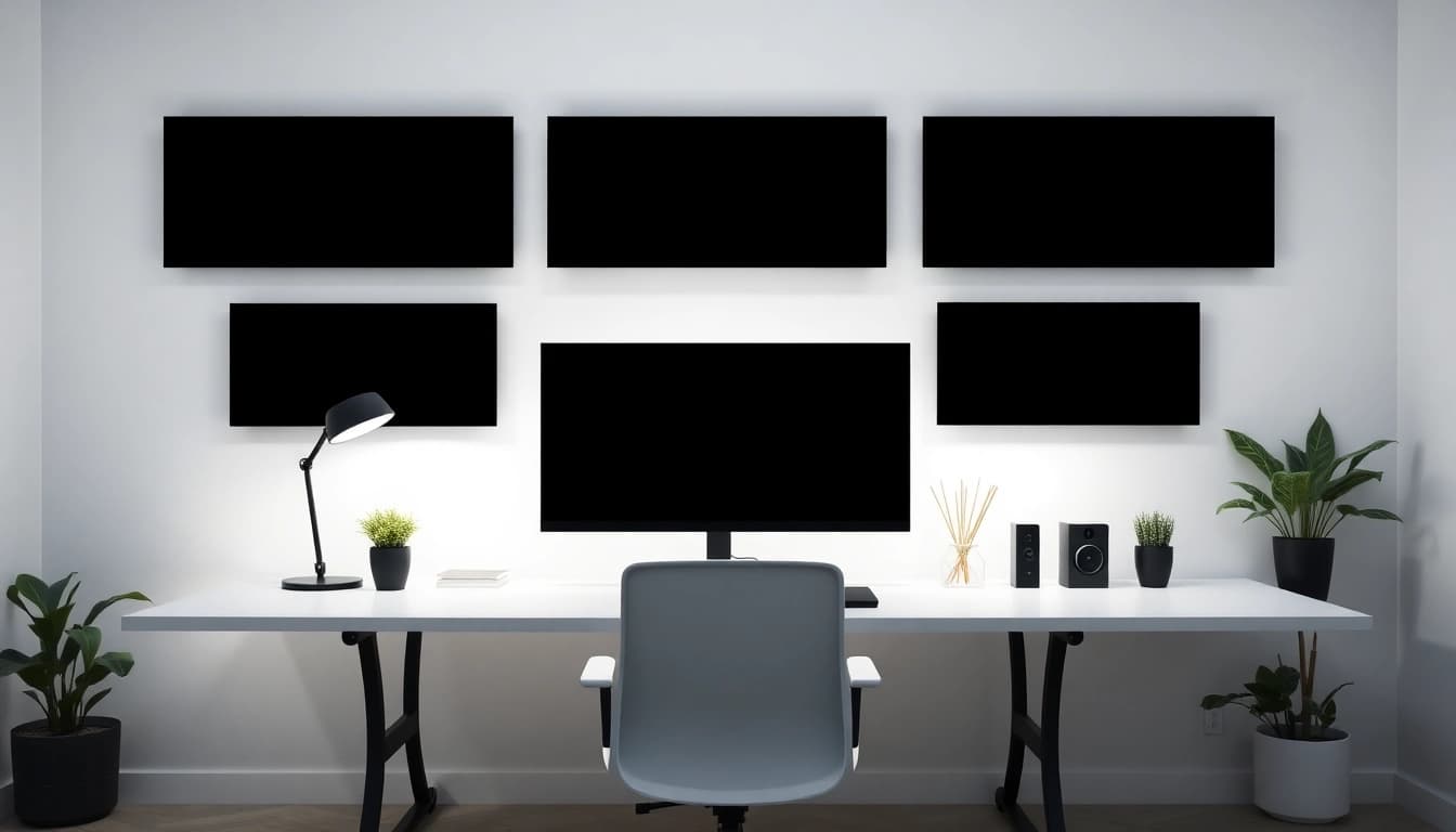 Black screen displayed on multiple monitors in a modern workspace promoting concentration and minimalism.
