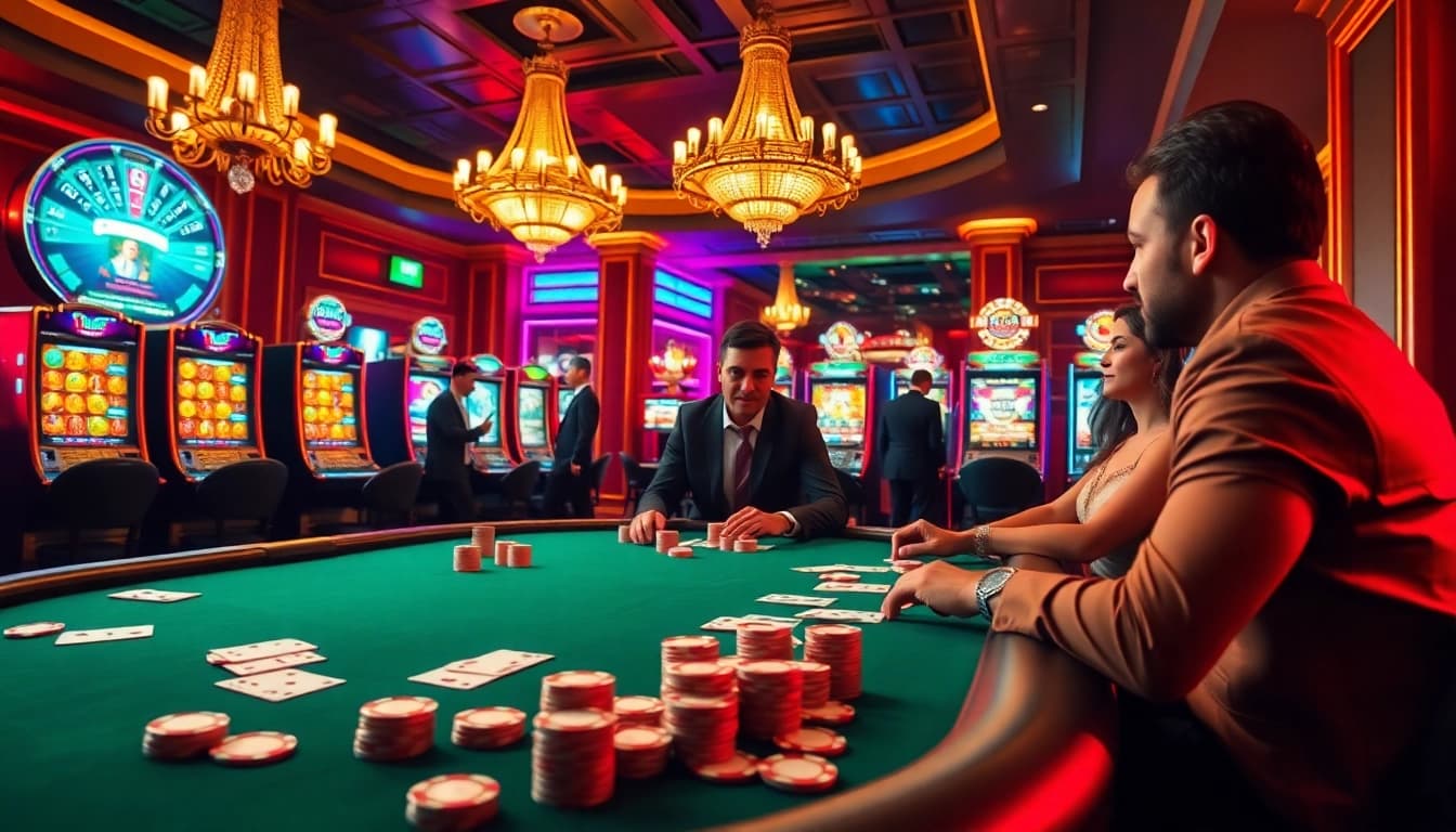 A dynamic poker game scene at alo789 casino, showcasing players engaged in high-stakes action with vibrant slot machines.