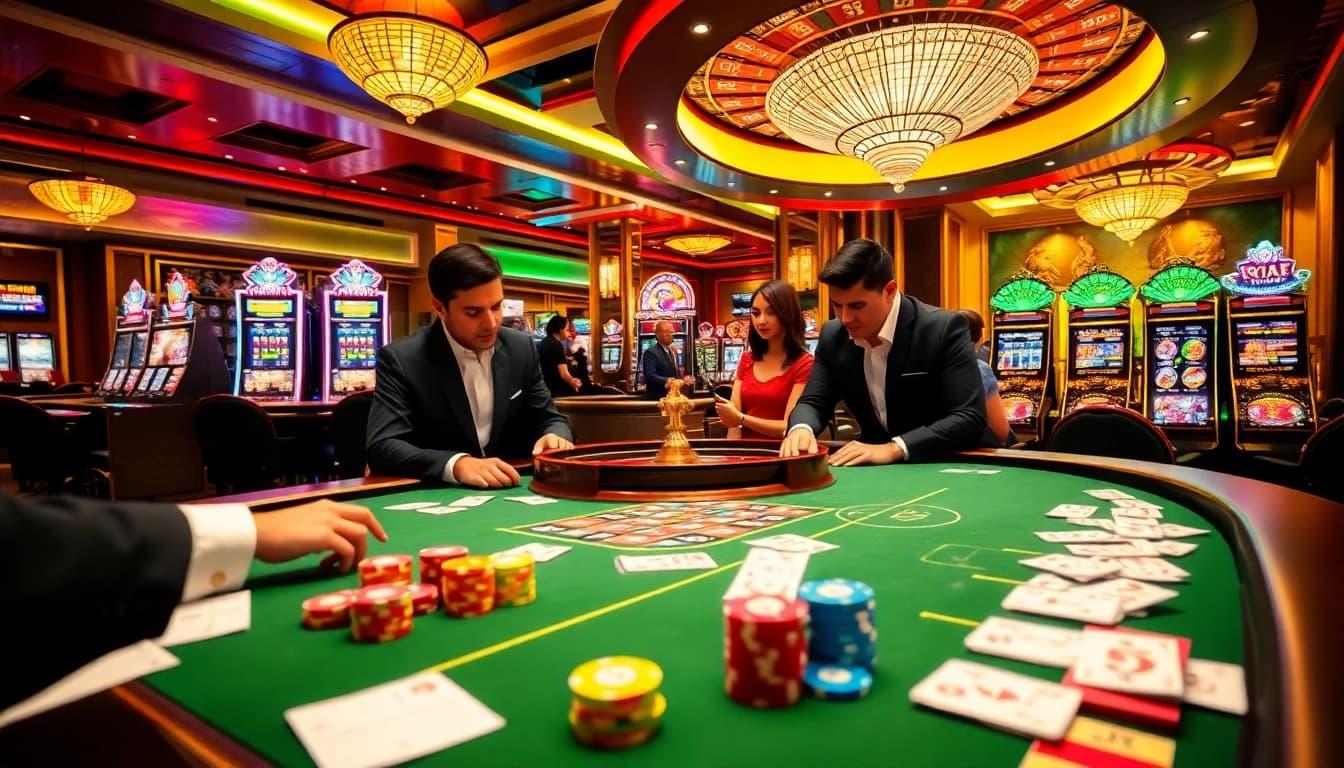 Action-packed gambling scene showcasing c168 com’s vibrant casino atmosphere with dealers and gaming tables.