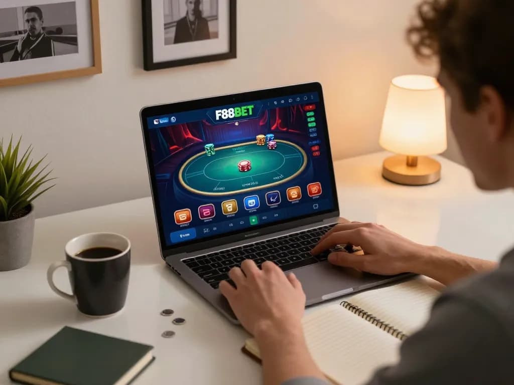 Engaged player strategizing during an online poker session at F88BET's platform.