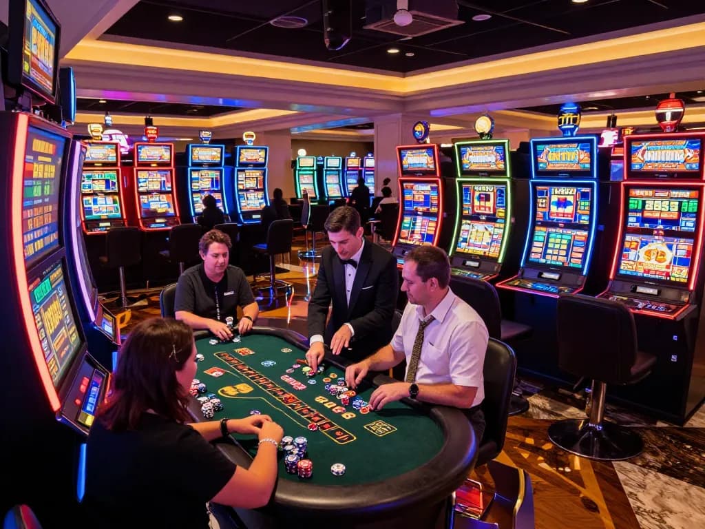 Players enjoying slot machines in a lively casino environment, highlighting Da88 gaming excitement and engagement.
