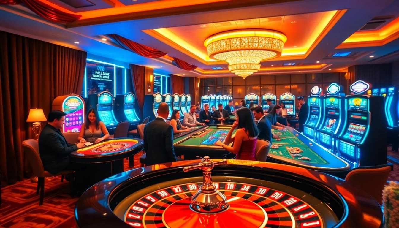 Experience the excitement at https://five88sss.com/ with players enjoying poker, roulette, and vibrant slot machines in a luxurious casino setting.