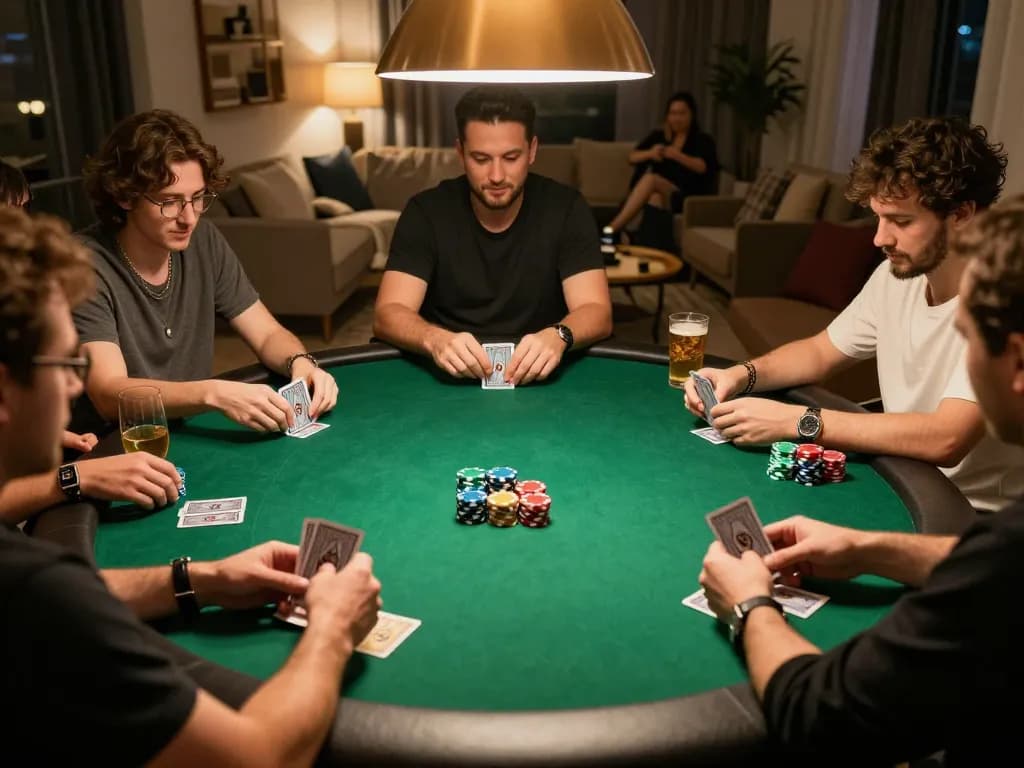 Players enjoying a home poker night with friends, showcasing strategic moves and camaraderie in 5699