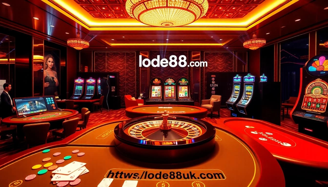 Experience the excitement of online gambling with https://lode88uk.com/ in a luxurious casino setting showcasing casino tables and games.