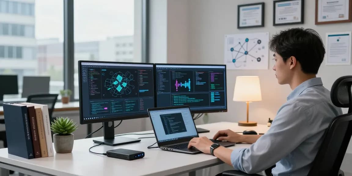Cybersecurity analyst at a modern workstation verifying shs-dome5.com security protocols.