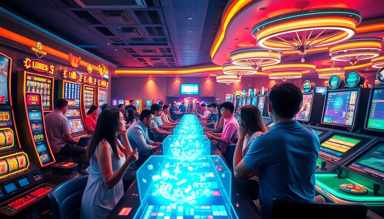 Engaging online betting experience at https://mm88.center/ with diverse games and players enjoying a casino atmosphere.