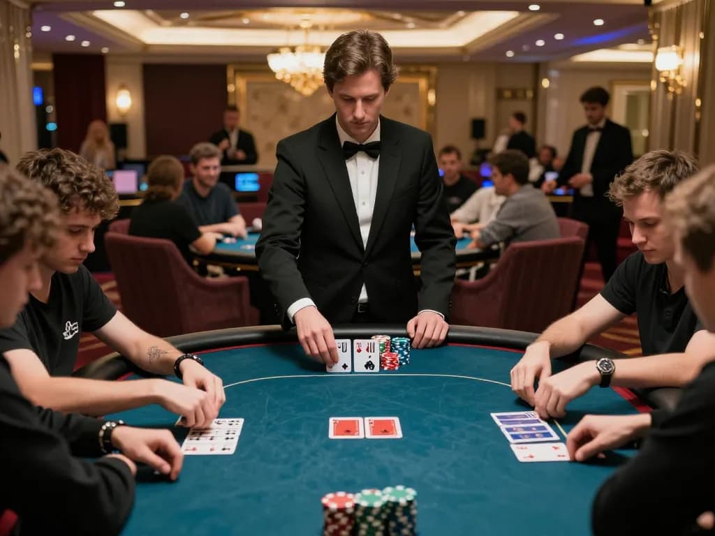 Competitive poker gameplay at uu88ae casino with players betting and dealers managing, vibrant atmosphere.