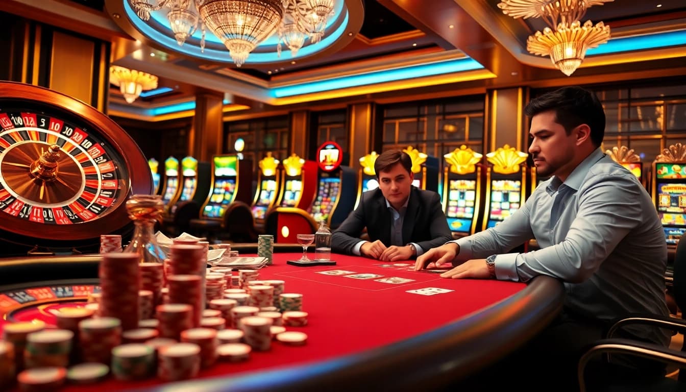 Players strategizing at a poker table in a luxurious casino, highlighting the excitement of https://5gbett.com.br.