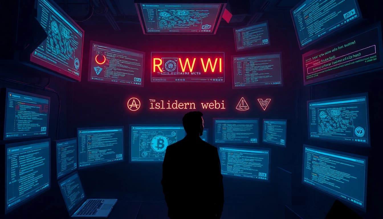 The hidden wiki displayed on multiple glowing screens in a darkly lit cyber environment.