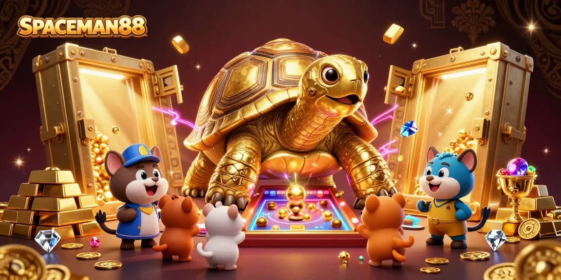 Experience the thrill at SPACEMAN88 casino with a vibrant cartoon featuring a golden tortoise pinball machine and excited animals.