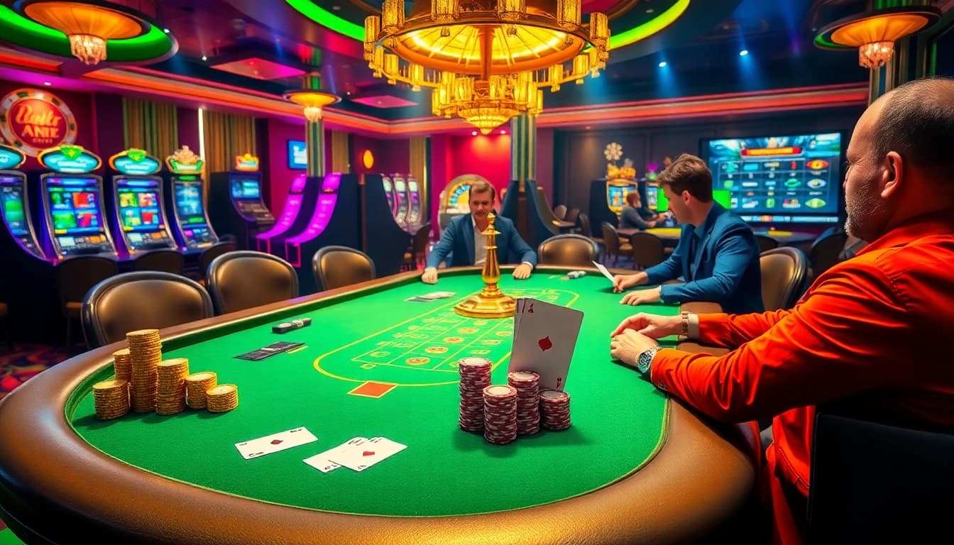 Experience the thrill of Luckywin with a vibrant casino scene featuring poker, roulette, and slot machines.