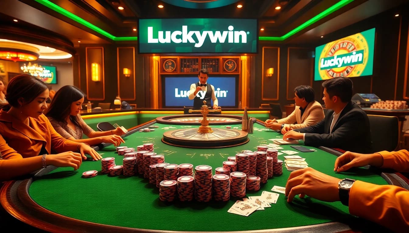Players enjoying a thrilling poker game at Luckywin casino, surrounded by chips and excitement.